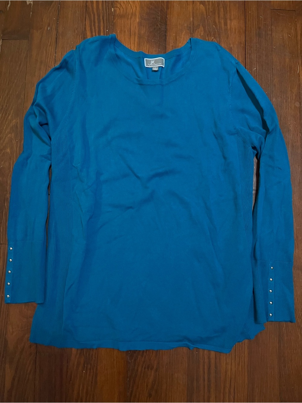 JM Collection Teal Blue Long-Sleeve Crewneck Sweater with Button Cuffs